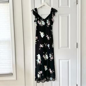 Evan Picone Black Floral 90s V Neck Flutter Sleeve Midi Sun Dress 10P Lined